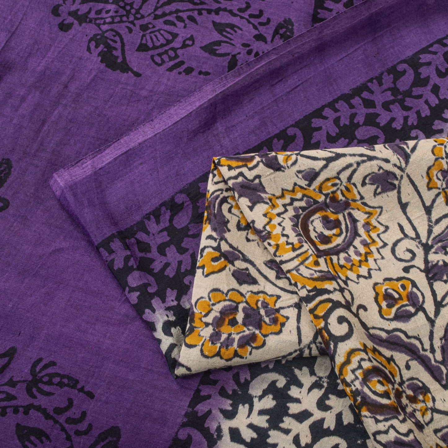Sanskriti Vintage Saree Violet Pure Cotton Kalamkari Hand Block Print Sari 5.5YD