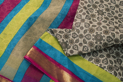 Sanskriti Vintage Saree Off-White 100% Pure Cotton Ajrakh Print Sari 5+YD Fabric