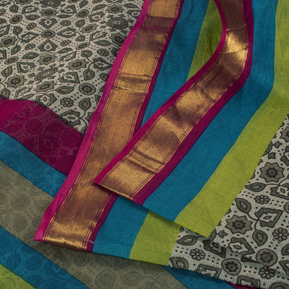 Sanskriti Vintage Saree Off-White 100% Pure Cotton Ajrakh Print Sari 5+YD Fabric