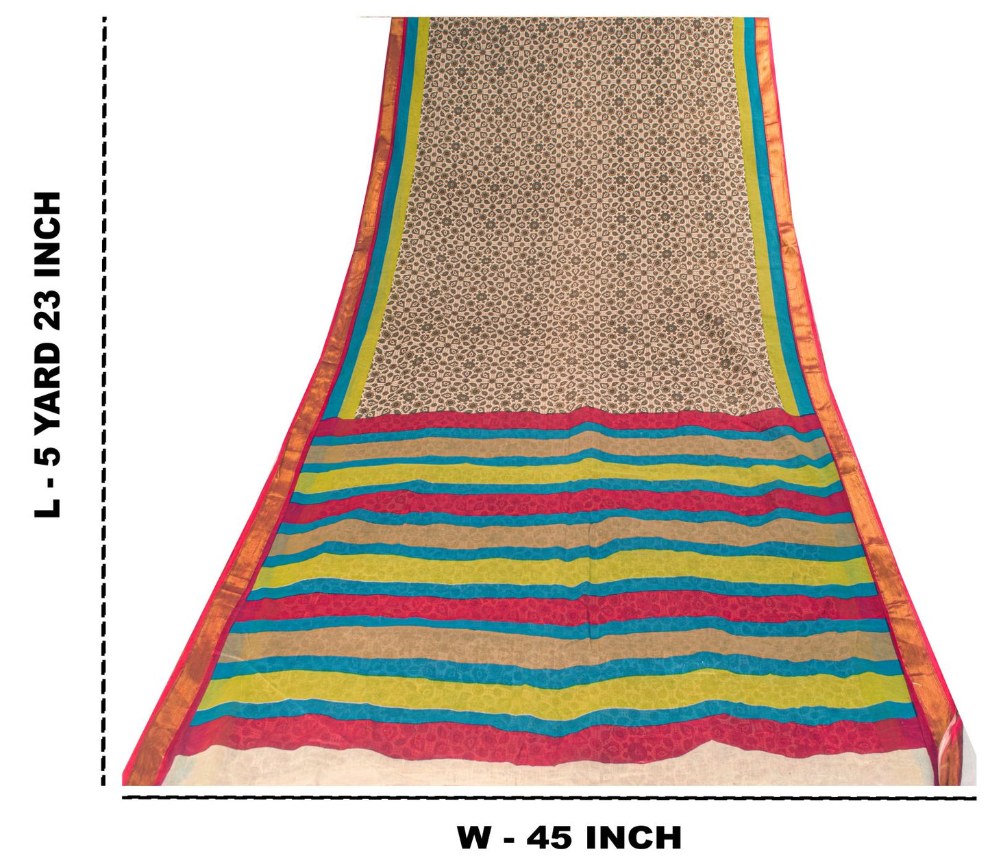 Sanskriti Vintage Saree Off-White 100% Pure Cotton Ajrakh Print Sari 5+YD Fabric