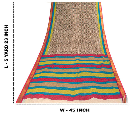 Sanskriti Vintage Saree Off-White 100% Pure Cotton Ajrakh Print Sari 5+YD Fabric