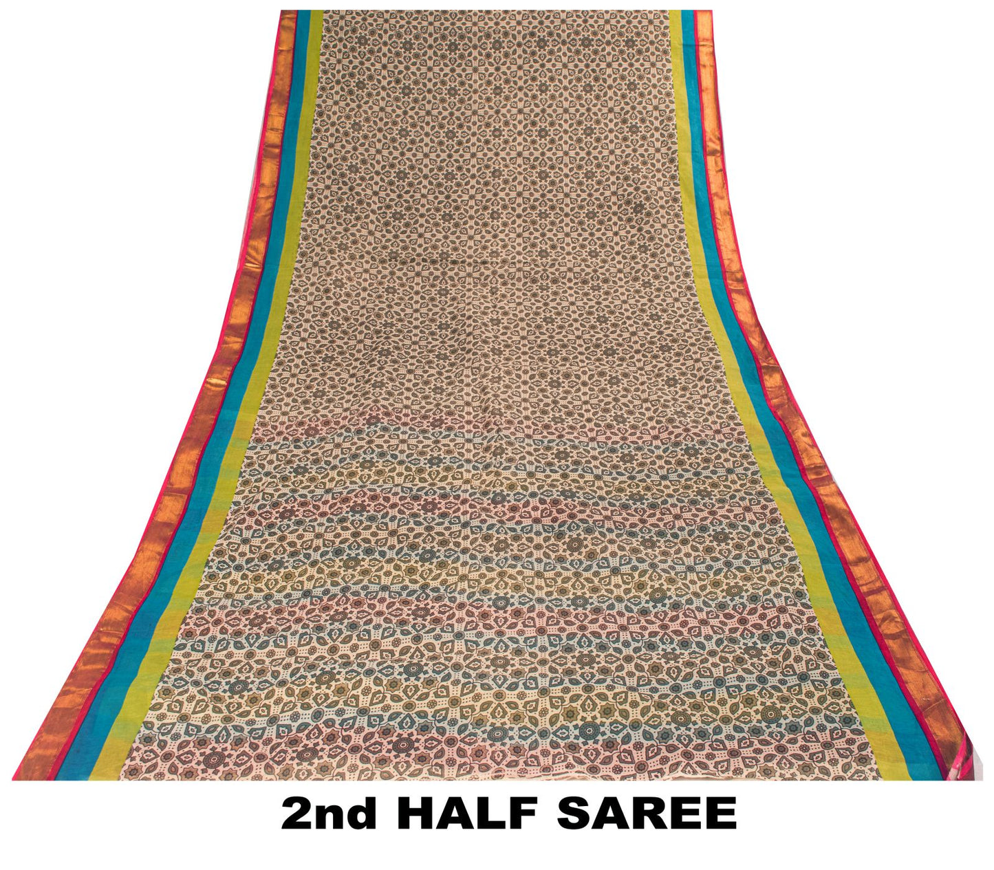 Sanskriti Vintage Saree Off-White 100% Pure Cotton Ajrakh Print Sari 5+YD Fabric