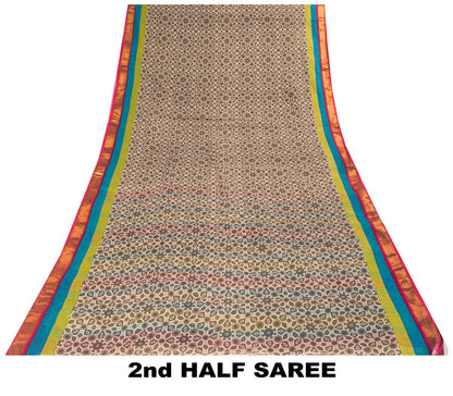Sanskriti Vintage Saree Off-White 100% Pure Cotton Ajrakh Print Sari 5+YD Fabric