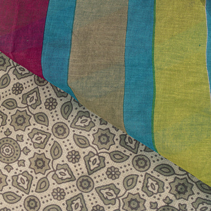 Sanskriti Vintage Saree Off-White 100% Pure Cotton Ajrakh Print Sari 5+YD Fabric