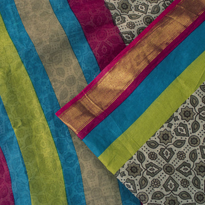 Sanskriti Vintage Saree Off-White 100% Pure Cotton Ajrakh Print Sari 5+YD Fabric