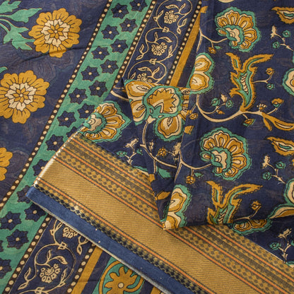 Sanskriti Vintage Saree Blue Pure Cotton Kalamkari Print Sari 5+YD Craft Fabric