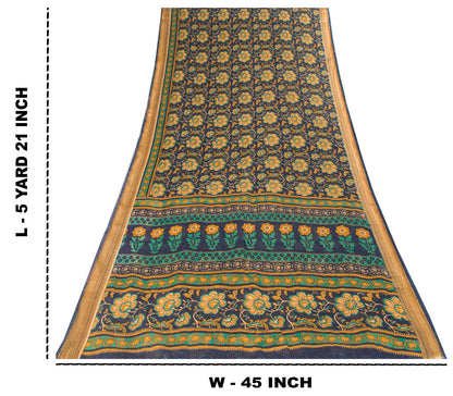 Sanskriti Vintage Saree Blue Pure Cotton Kalamkari Print Sari 5+YD Craft Fabric