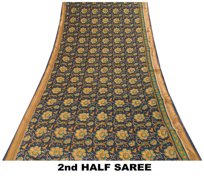 Sanskriti Vintage Saree Blue Pure Cotton Kalamkari Print Sari 5+YD Craft Fabric