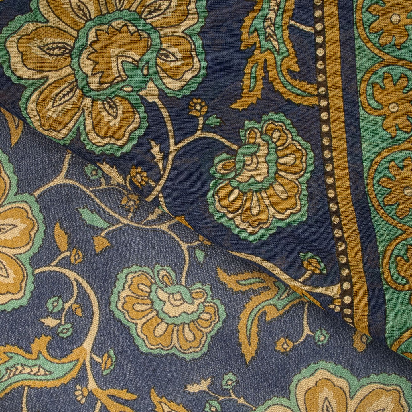 Sanskriti Vintage Saree Blue Pure Cotton Kalamkari Print Sari 5+YD Craft Fabric