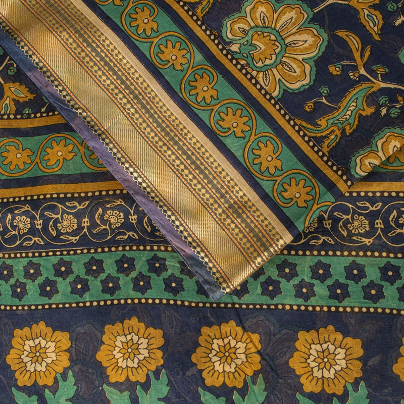 Sanskriti Vintage Saree Blue Pure Cotton Kalamkari Print Sari 5+YD Craft Fabric