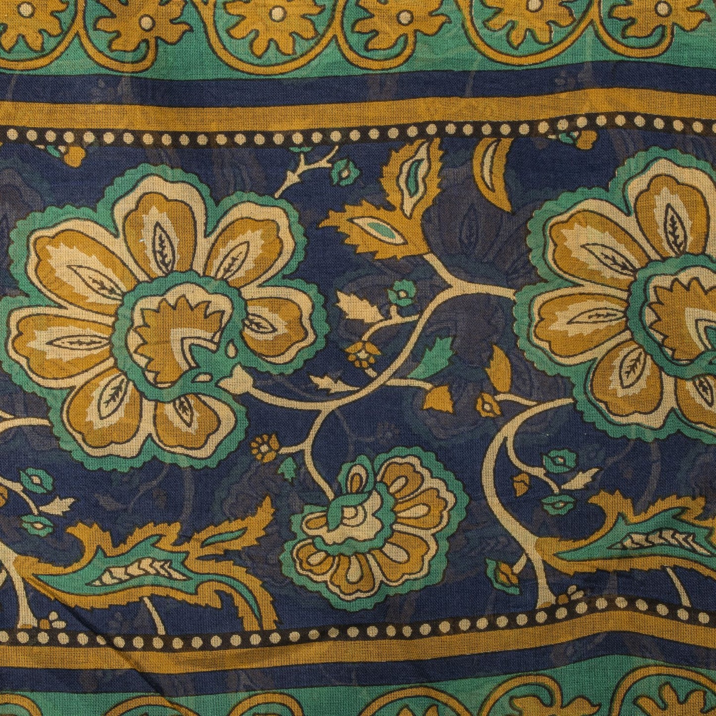 Sanskriti Vintage Saree Blue Pure Cotton Kalamkari Print Sari 5+YD Craft Fabric