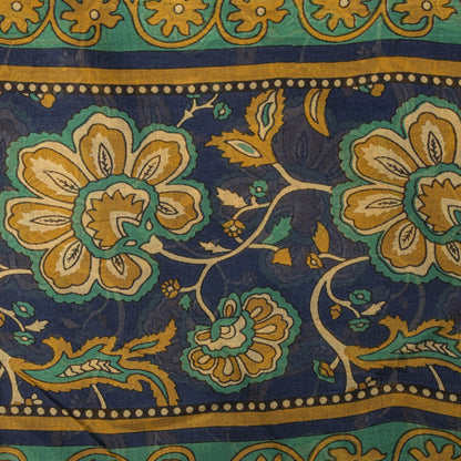 Sanskriti Vintage Saree Blue Pure Cotton Kalamkari Print Sari 5+YD Craft Fabric