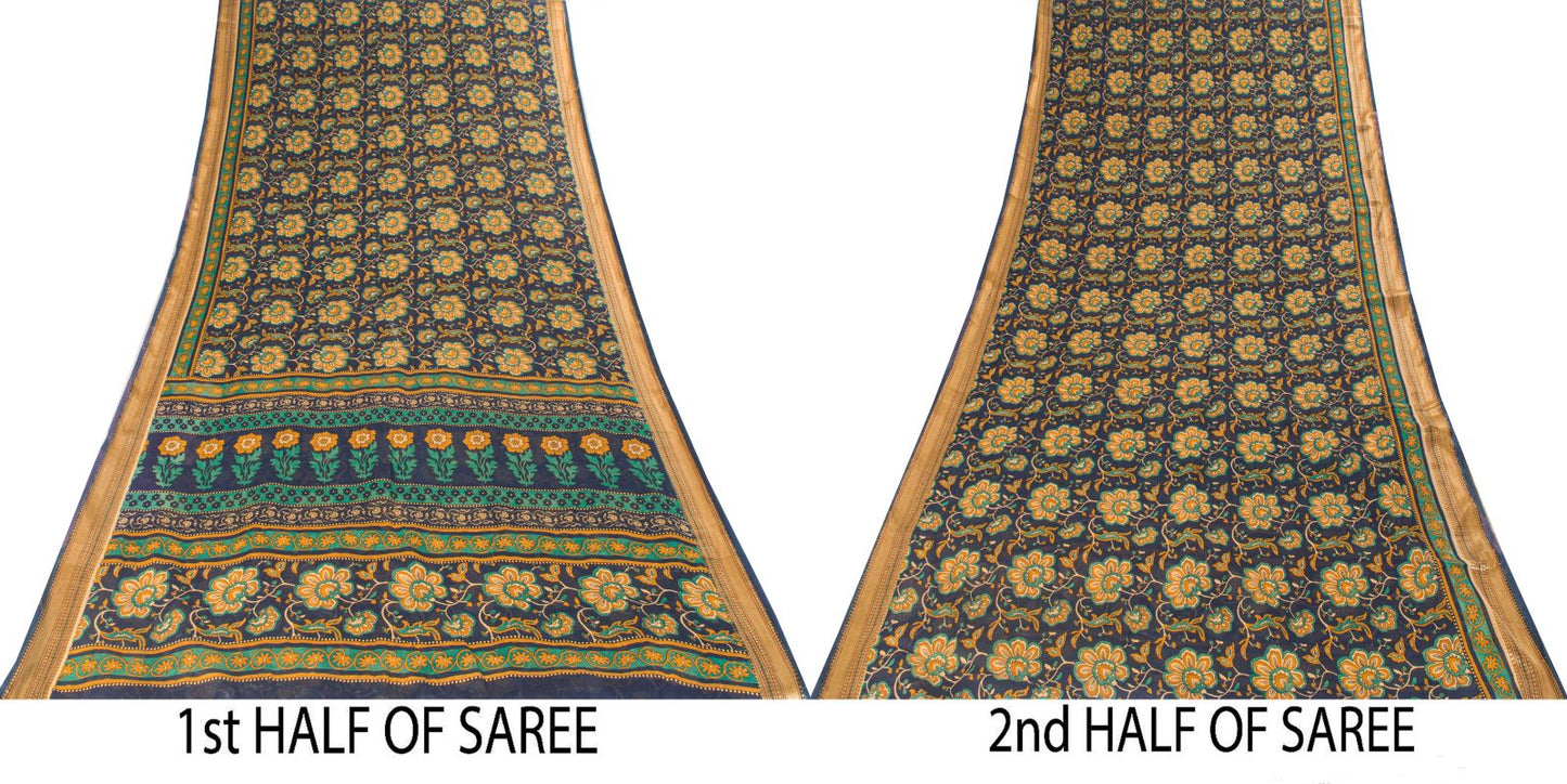 Sanskriti Vintage Saree Blue Pure Cotton Kalamkari Print Sari 5+YD Craft Fabric