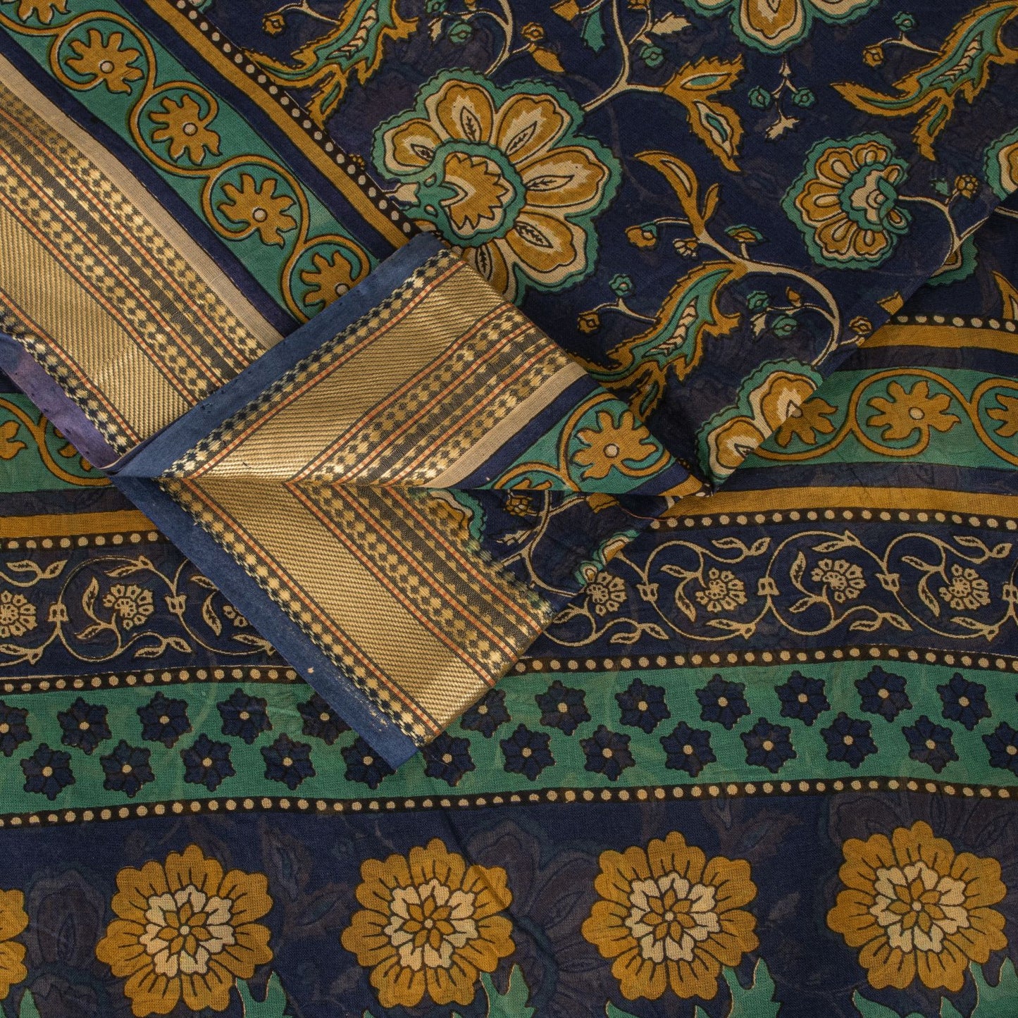Sanskriti Vintage Saree Blue Pure Cotton Kalamkari Print Sari 5+YD Craft Fabric