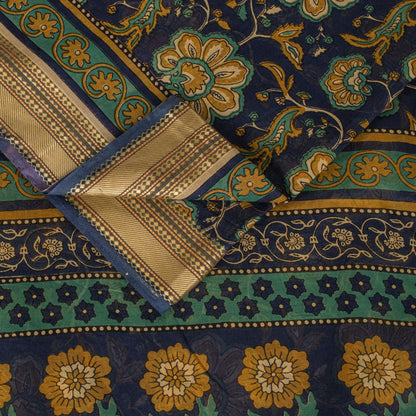Sanskriti Vintage Saree Blue Pure Cotton Kalamkari Print Sari 5+YD Craft Fabric