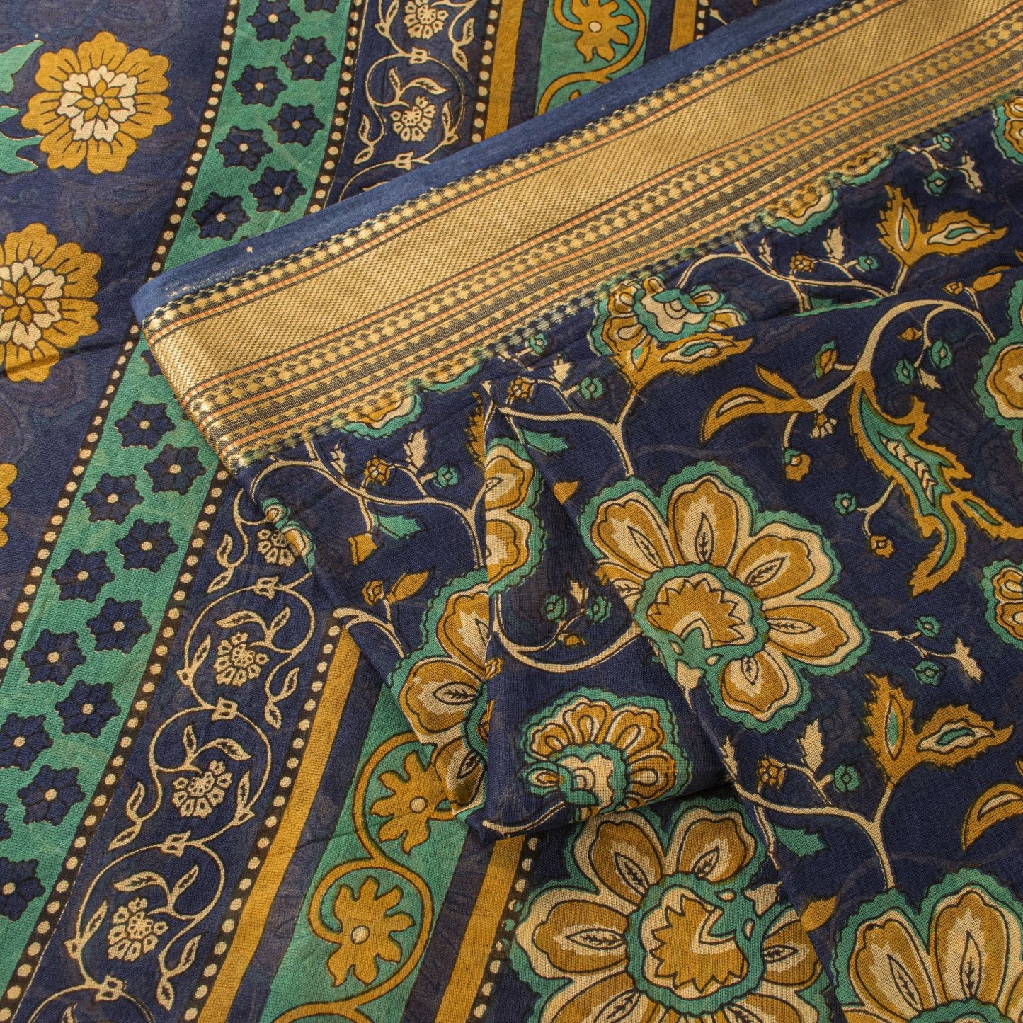 Sanskriti Vintage Saree Blue Pure Cotton Kalamkari Print Sari 5+YD Craft Fabric