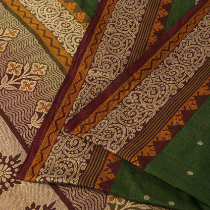 Sanskriti Vintage Saree Green Pure Cotton Floral Woven Sari 5+YD Craft Fabric