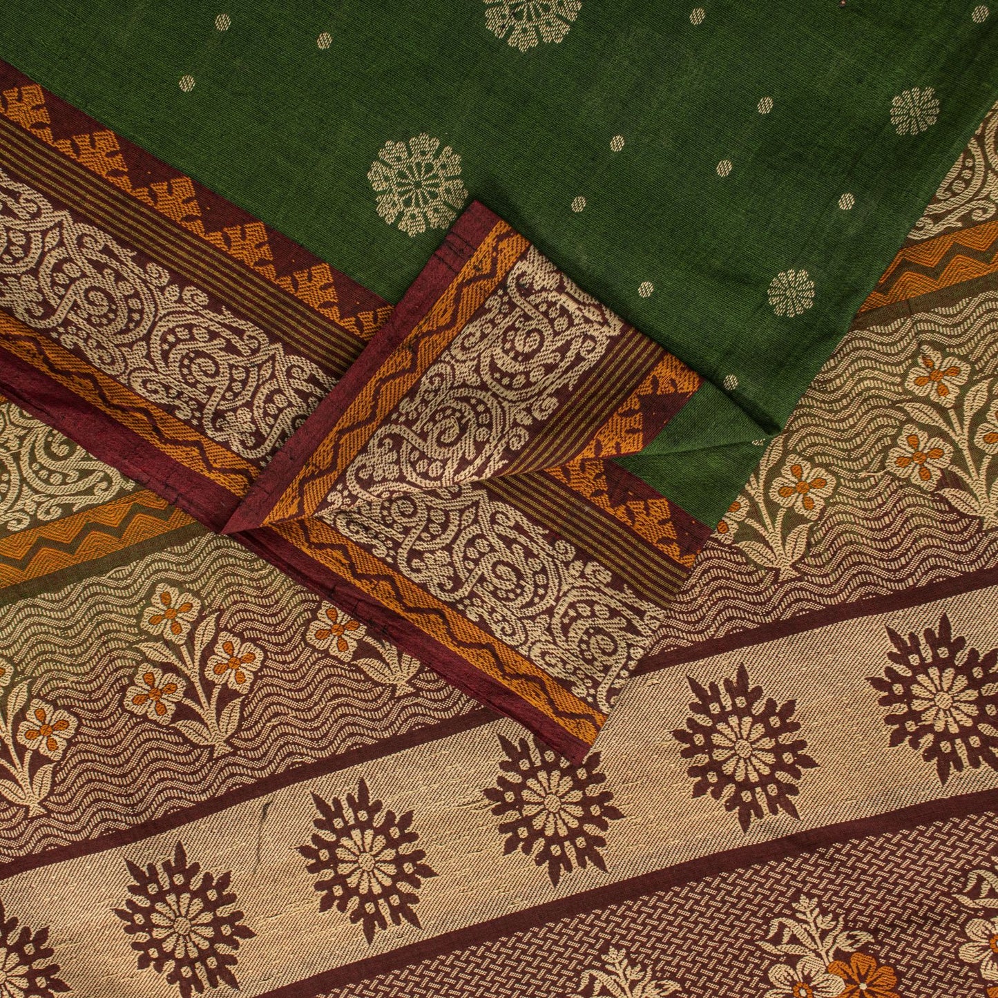 Sanskriti Vintage Saree Green Pure Cotton Floral Woven Sari 5+YD Craft Fabric