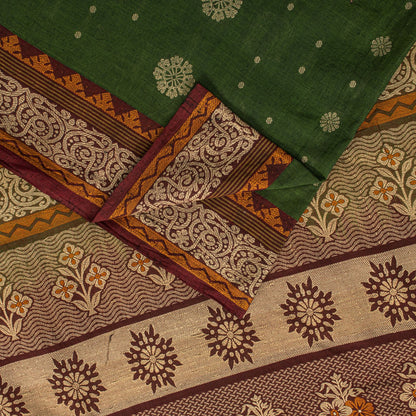 Sanskriti Vintage Saree Green Pure Cotton Floral Woven Sari 5+YD Craft Fabric