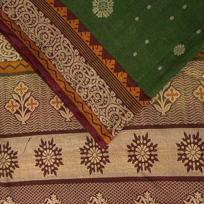 Sanskriti Vintage Saree Green Pure Cotton Floral Woven Sari 5+YD Craft Fabric