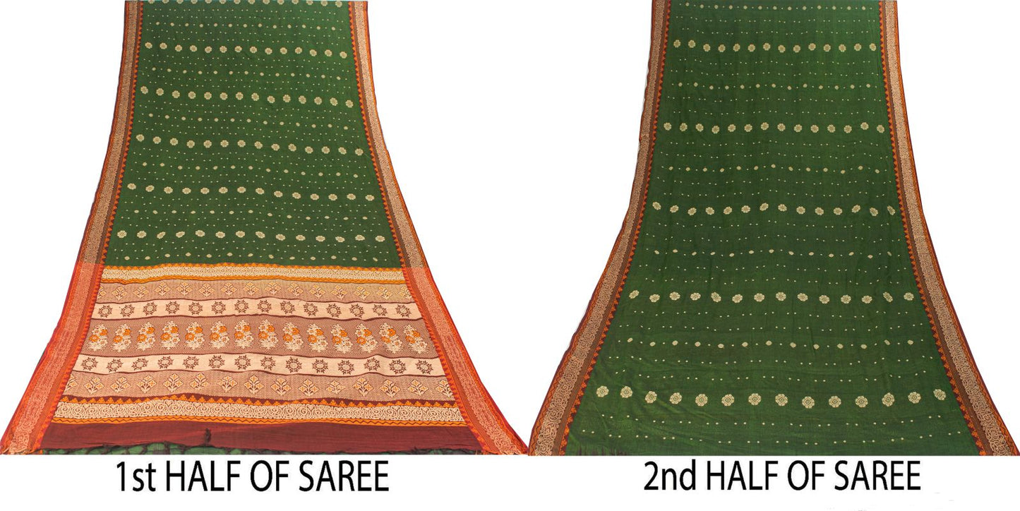 Sanskriti Vintage Saree Green Pure Cotton Floral Woven Sari 5+YD Craft Fabric