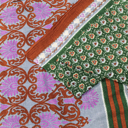 Sanskriti Vintage Saree Green Pure Cotton Floral Ikat Printed Sari 5+YD Fabric