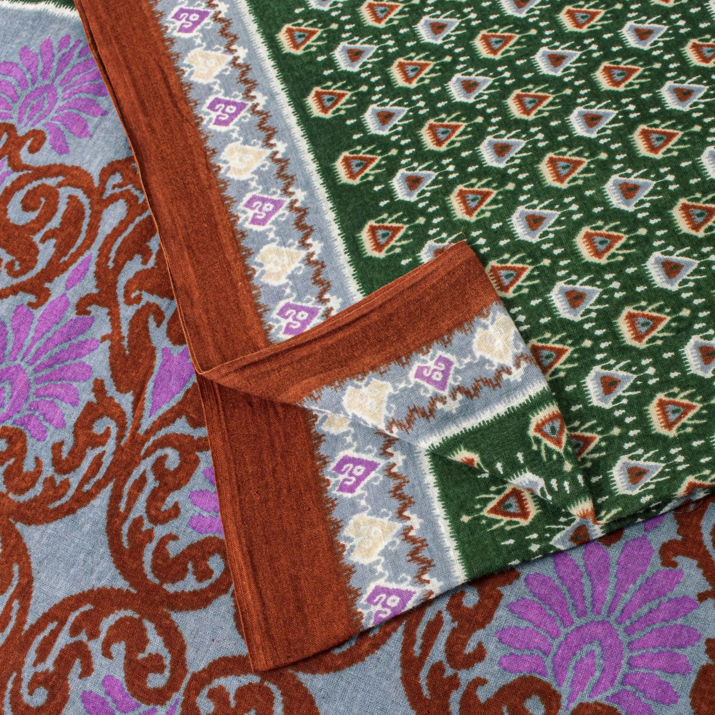 Sanskriti Vintage Saree Green Pure Cotton Floral Ikat Printed Sari 5+YD Fabric