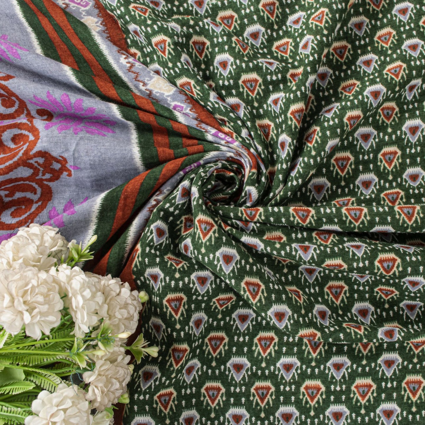 Sanskriti Vintage Saree Green Pure Cotton Floral Ikat Printed Sari 5+YD Fabric