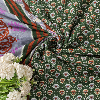 Sanskriti Vintage Saree Green Pure Cotton Floral Ikat Printed Sari 5+YD Fabric