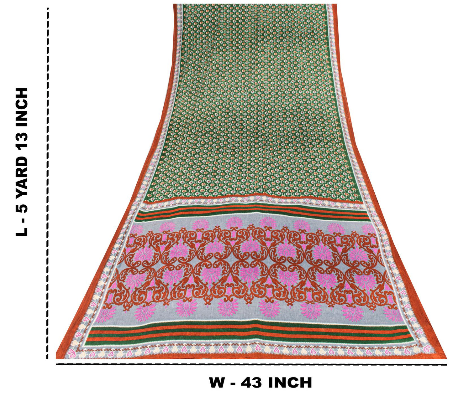 Sanskriti Vintage Saree Green Pure Cotton Floral Ikat Printed Sari 5+YD Fabric