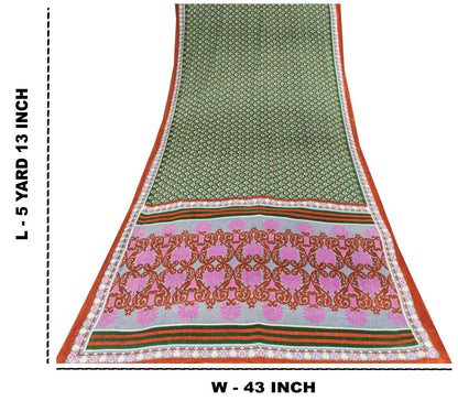 Sanskriti Vintage Saree Green Pure Cotton Floral Ikat Printed Sari 5+YD Fabric