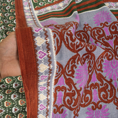Sanskriti Vintage Saree Green Pure Cotton Floral Ikat Printed Sari 5+YD Fabric