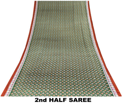 Sanskriti Vintage Saree Green Pure Cotton Floral Ikat Printed Sari 5+YD Fabric