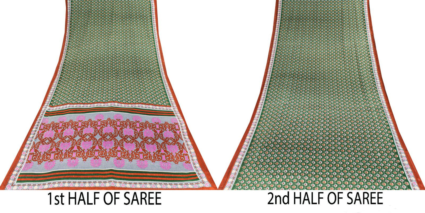 Sanskriti Vintage Saree Green Pure Cotton Floral Ikat Printed Sari 5+YD Fabric