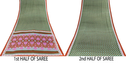 Sanskriti Vintage Saree Green Pure Cotton Floral Ikat Printed Sari 5+YD Fabric