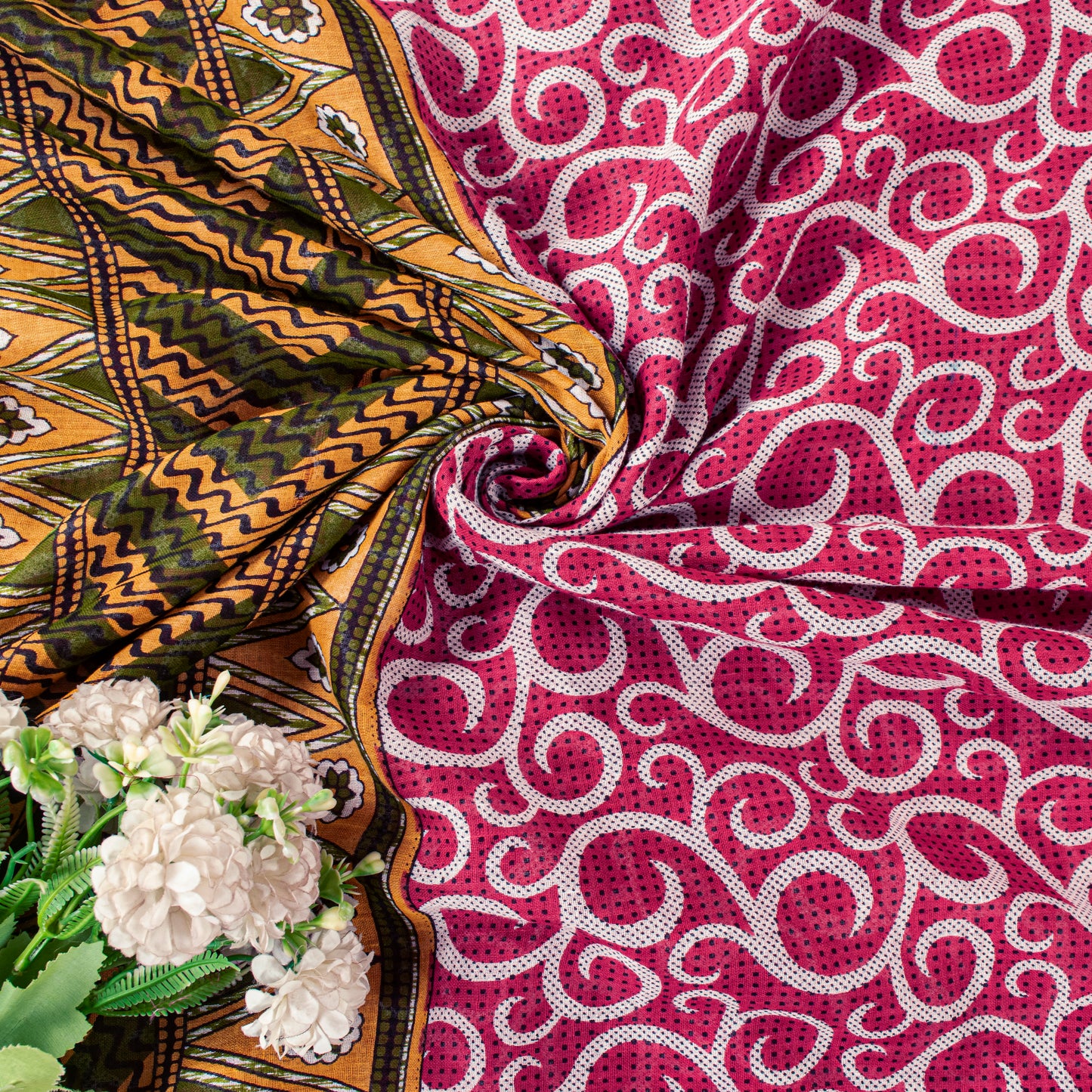Sanskriti Vintage Saree Pink Pure Cotton Spiral Printed Sari 5+YD Craft Fabric
