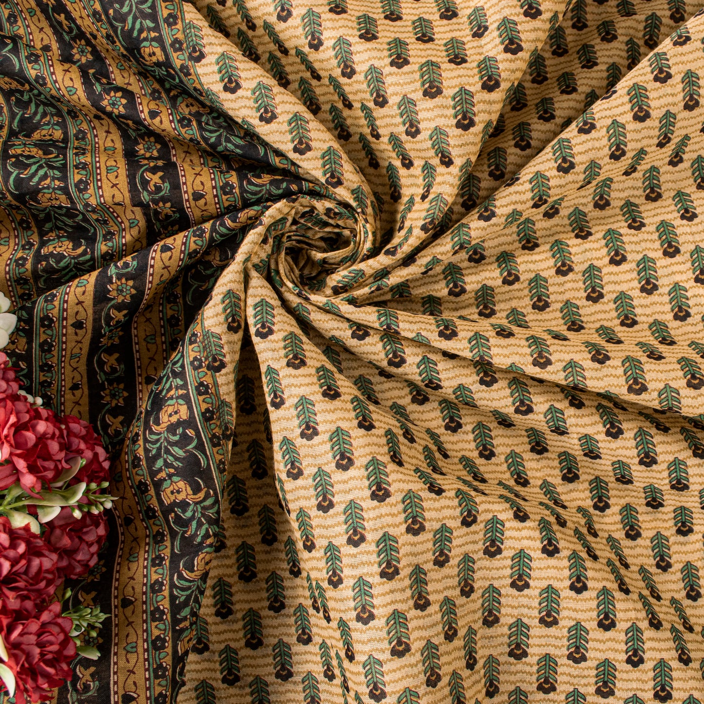 Sanskriti Vintage Saree Cream Pure Cotton Kalamkari Floral Print Sari 5YD Fabric