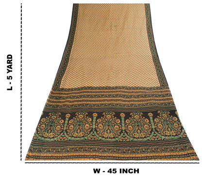 Sanskriti Vintage Saree Cream Pure Cotton Kalamkari Floral Print Sari 5YD Fabric