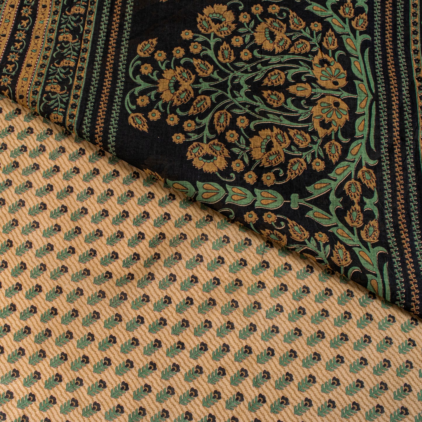 Sanskriti Vintage Saree Cream Pure Cotton Kalamkari Floral Print Sari 5YD Fabric