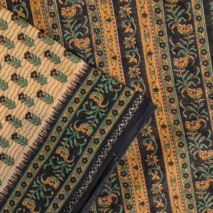 Sanskriti Vintage Saree Cream Pure Cotton Kalamkari Floral Print Sari 5YD Fabric