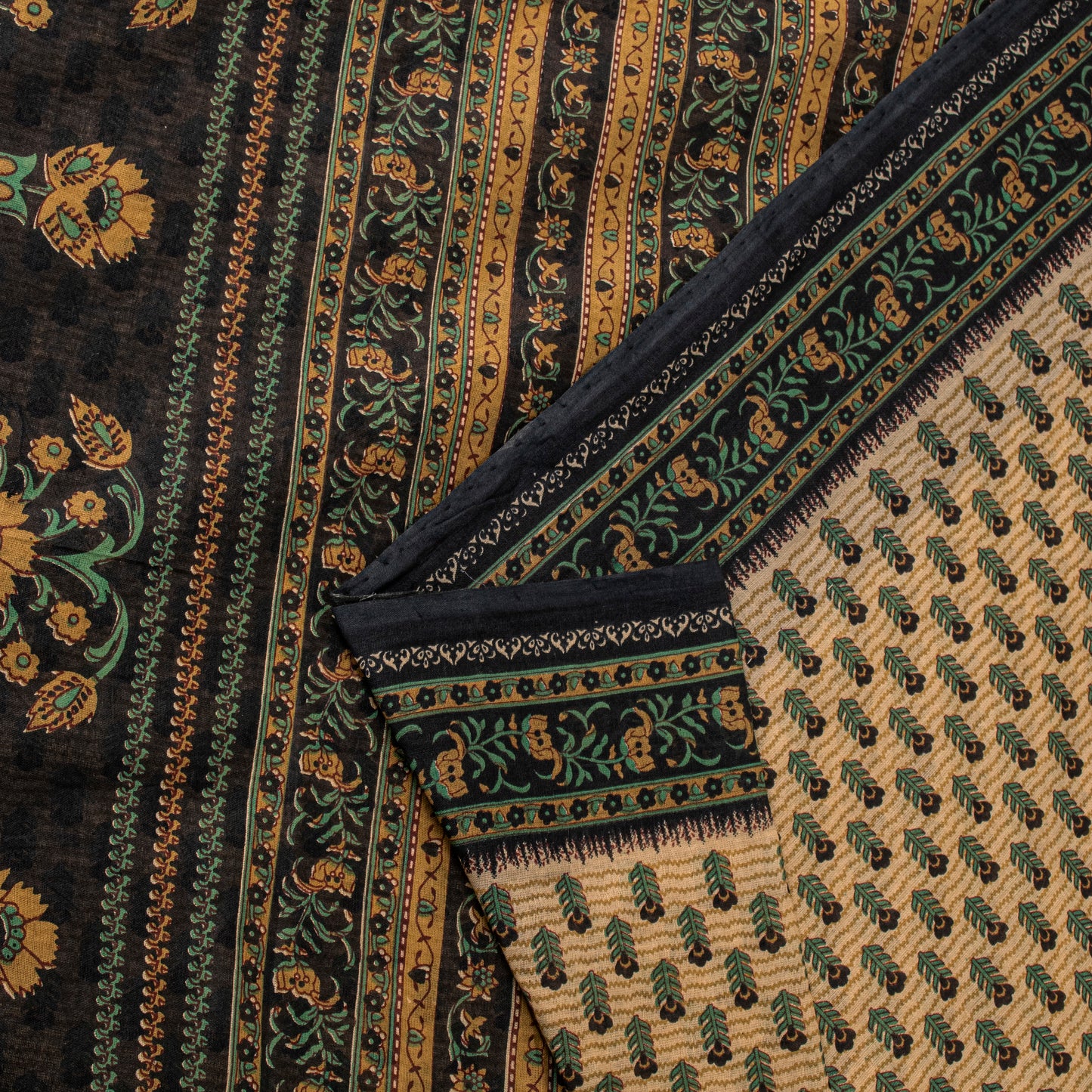 Sanskriti Vintage Saree Cream Pure Cotton Kalamkari Floral Print Sari 5YD Fabric