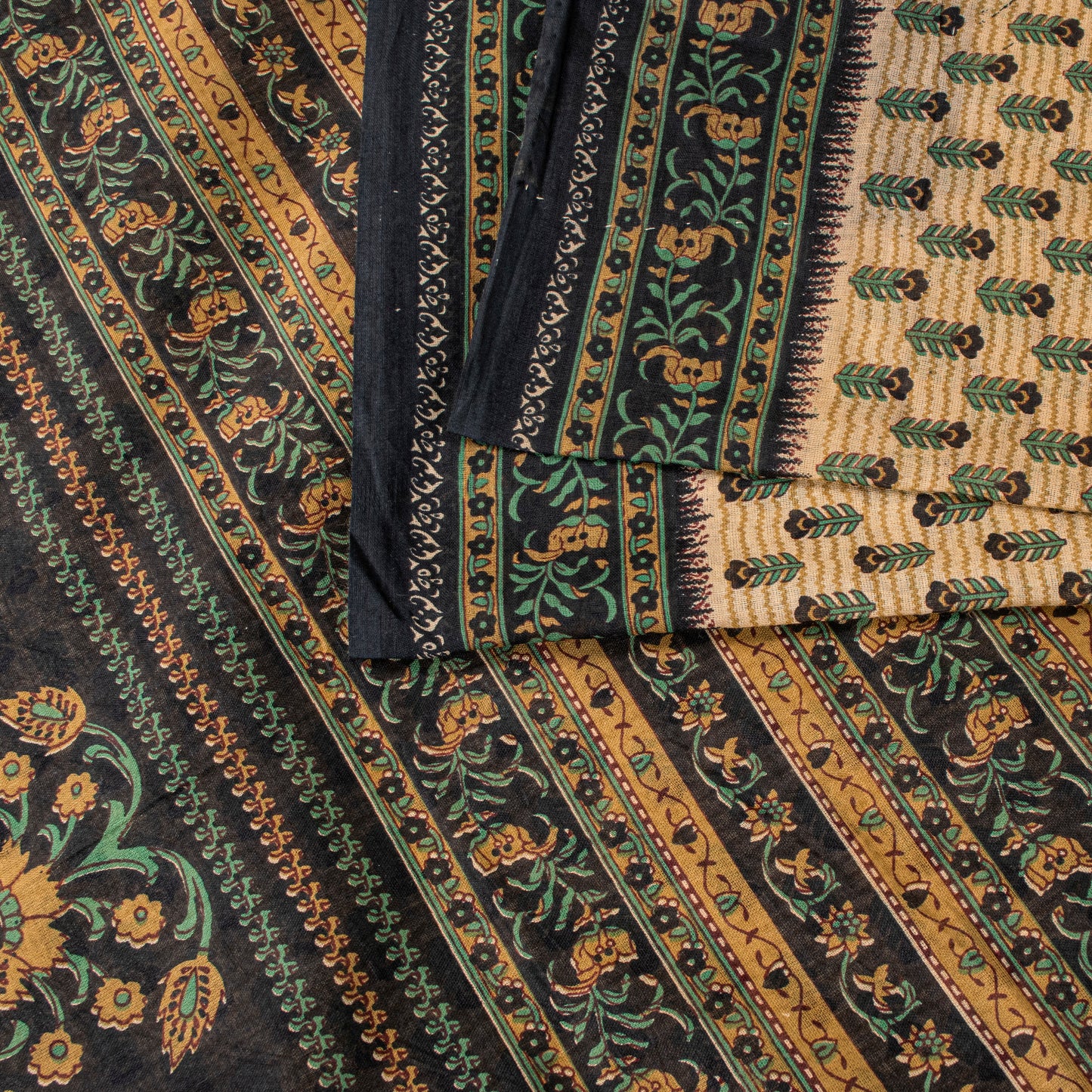 Sanskriti Vintage Saree Cream Pure Cotton Kalamkari Floral Print Sari 5YD Fabric