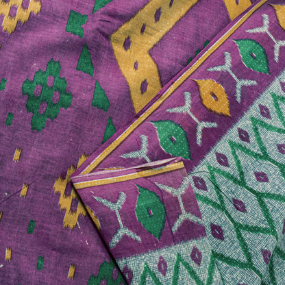 Sanskriti Vintage Saree Gray-Purple Pure Cotton Patola Ikat Printed Sari Fabric
