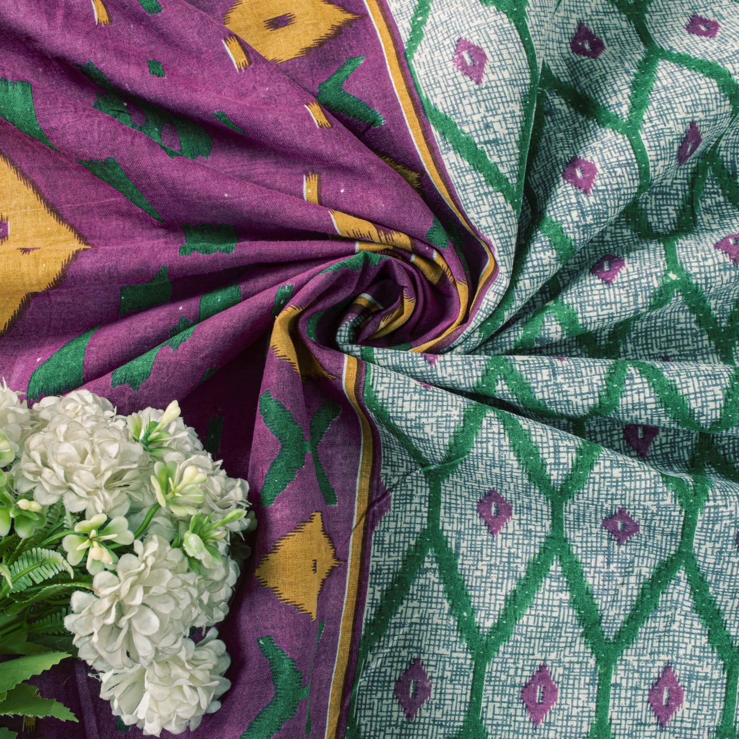 Sanskriti Vintage Saree Gray-Purple Pure Cotton Patola Ikat Printed Sari Fabric