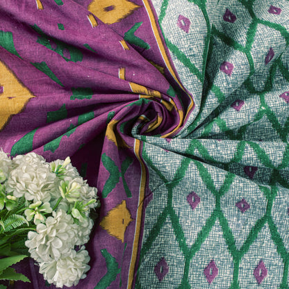 Sanskriti Vintage Saree Gray-Purple Pure Cotton Patola Ikat Printed Sari Fabric