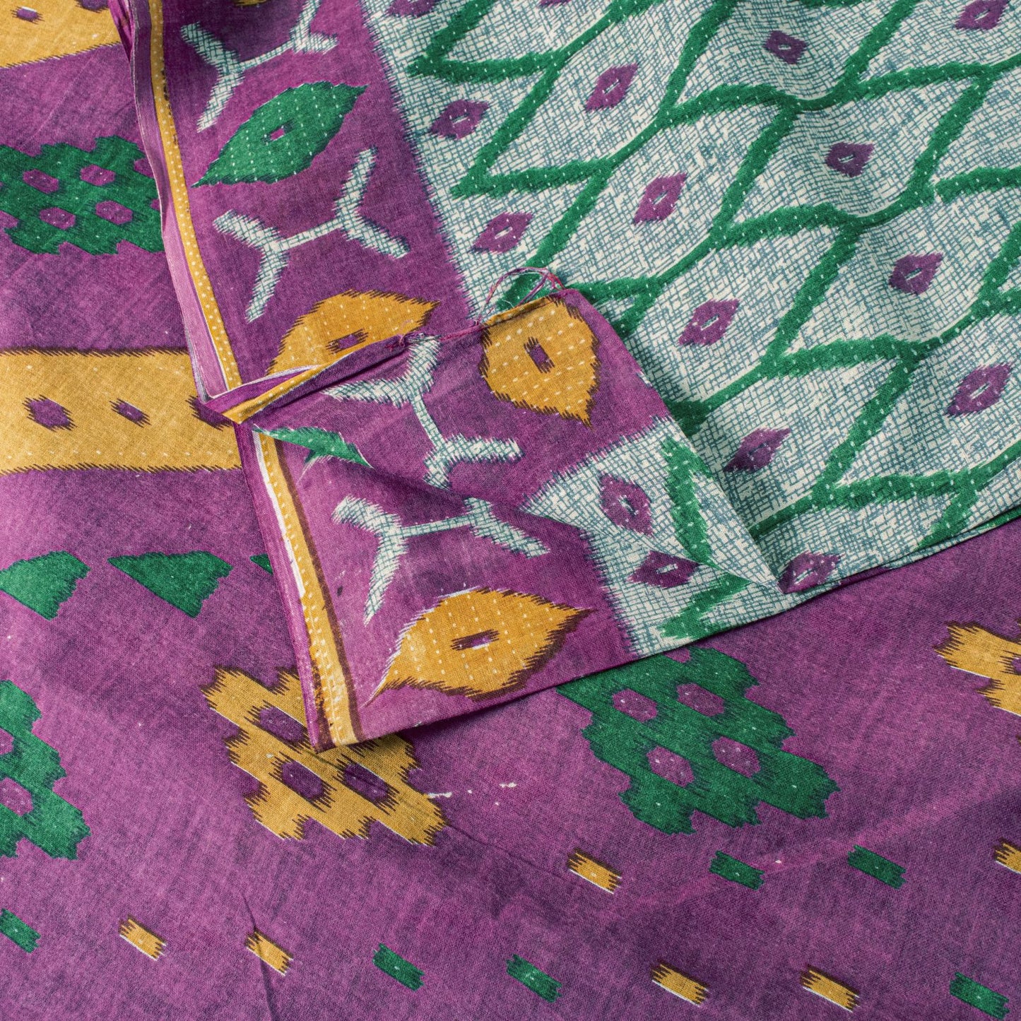 Sanskriti Vintage Saree Gray-Purple Pure Cotton Patola Ikat Printed Sari Fabric