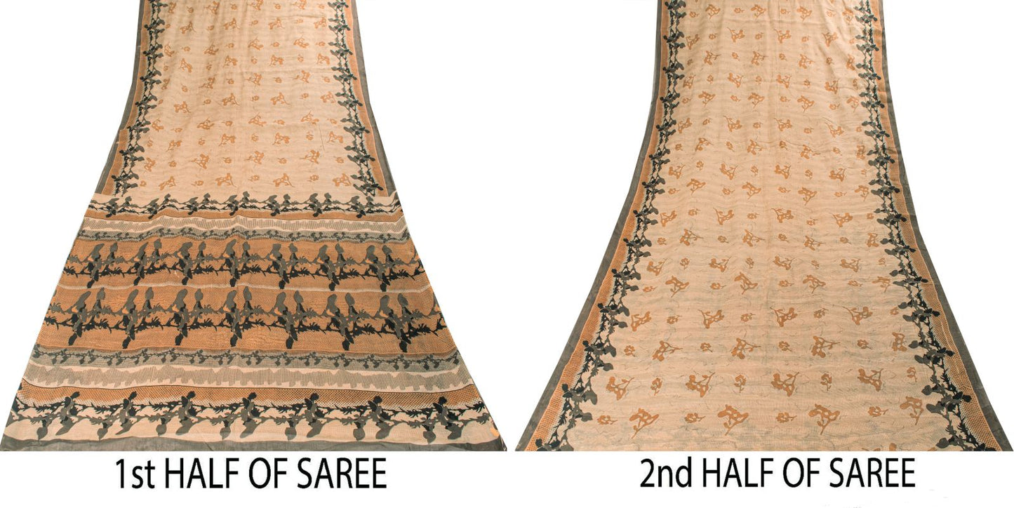 Sanskriti Vintage Saree Beige Pure Cotton Abstract Print Sari 5+YD Craft Fabric