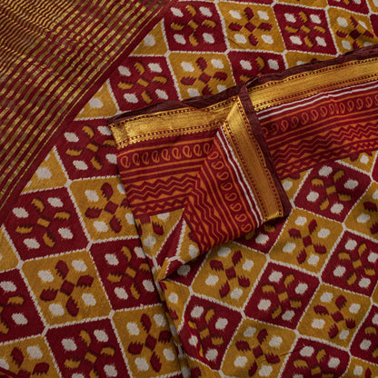 Sanskriti Vintage Saree Red Blend Cotton Geometric Ikat Print-Woven Sari Fabric