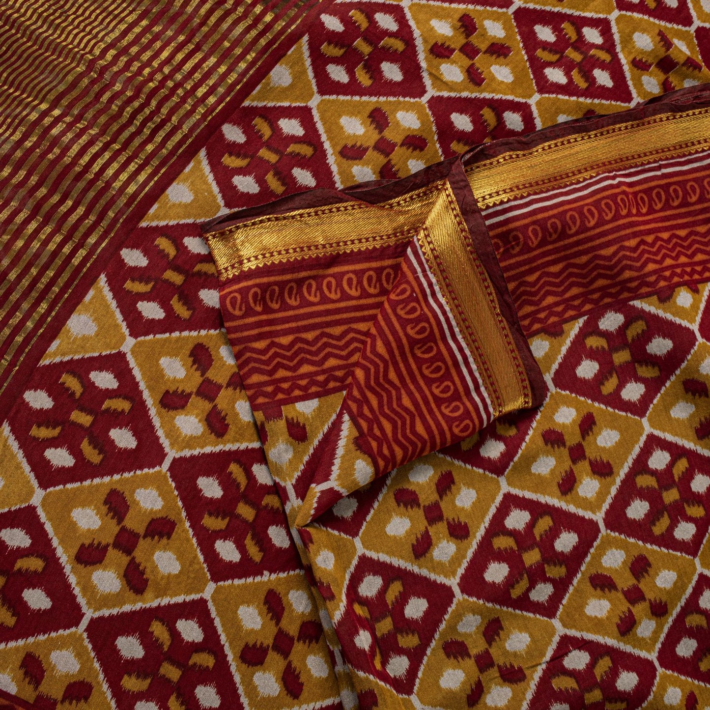 Sanskriti Vintage Saree Red Blend Cotton Geometric Ikat Print-Woven Sari Fabric