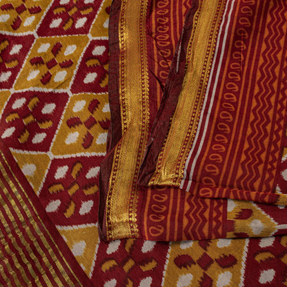 Sanskriti Vintage Saree Red Blend Cotton Geometric Ikat Print-Woven Sari Fabric